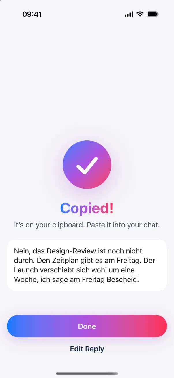 Der Bildschirm „Copied!“: Die Antwort liegt in der Zwischenablage, bereit zum Einfügen in den Chat