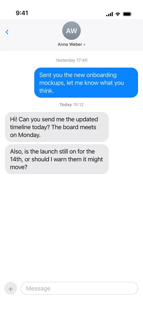 A client’s message in Messages asking for the updated timeline today and whether the launch on the 14th still holds
