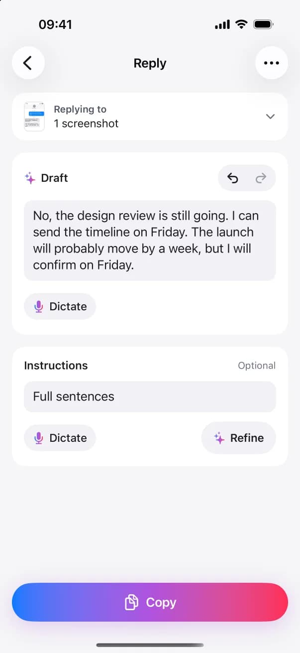 ReplyContext with the chat screenshot under Replying to and one reply in the Draft field, ready to edit